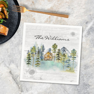 Watercolor Rustic Foggy Forest Mountain Cabin Napkin