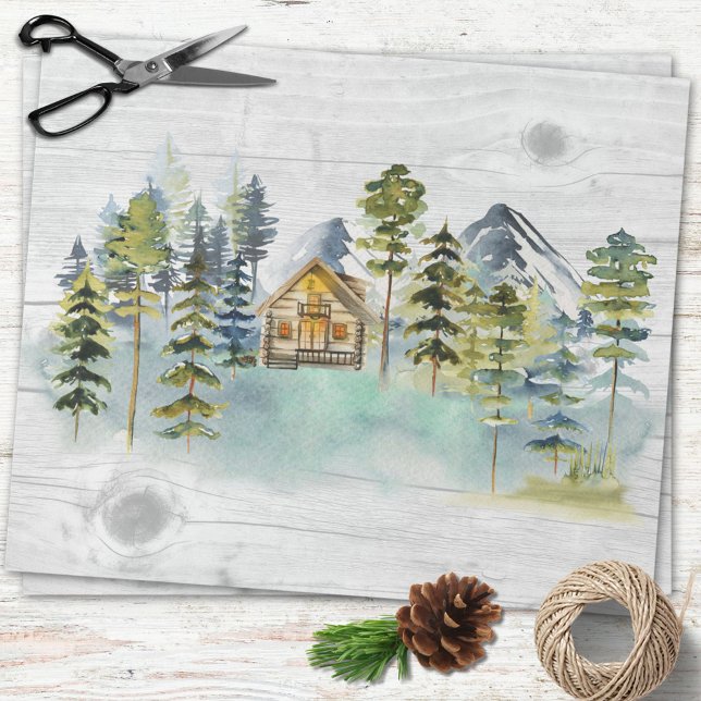 Watercolor Rustic Foggy Forest Mountain Cabin Wrapping Paper (In situ)