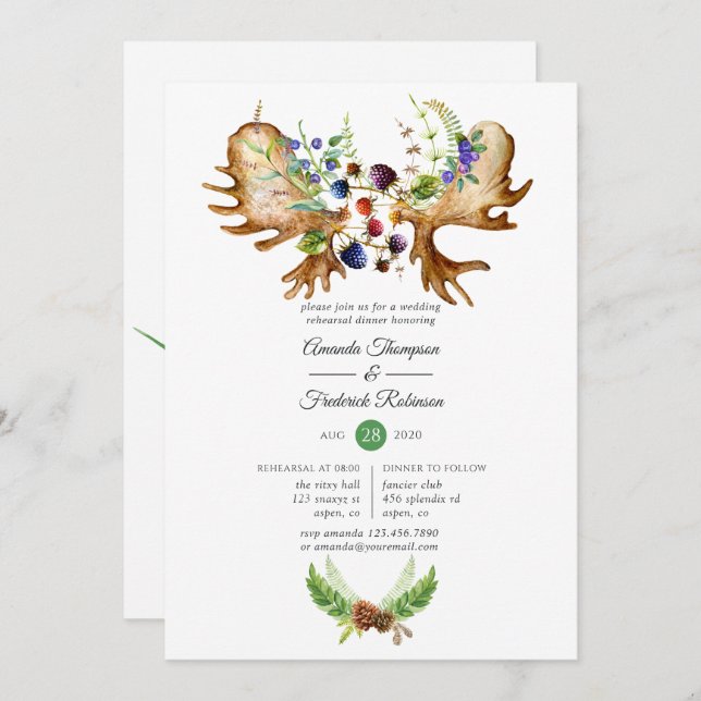 Watercolor Rustic Forest Rehearsal Dinner Invitation (Front/Back)