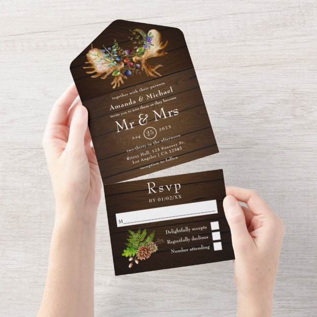 Watercolor Rustic Forest Wedding All In One Invitation (Tearaway)
