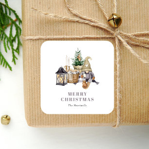Watercolor Rustic Gnome Holiday Square Sticker