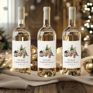 Watercolor Rustic Gnome Merry Christmas Wine Label