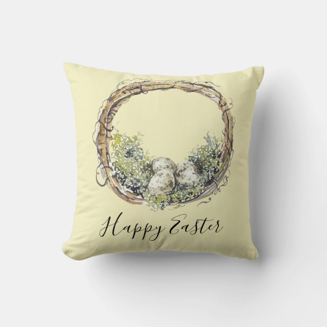Watercolor Rustic Grapevine & Egg Nest Easter Cushion (Front)