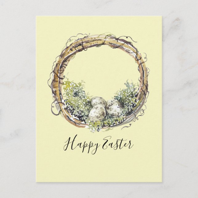 Watercolor Rustic Grapevine & Egg Nest Easter Postcard (Front)