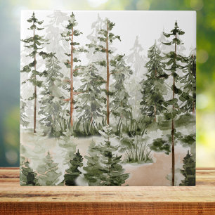 Watercolor Rustic Green Forest Ceramic Tile