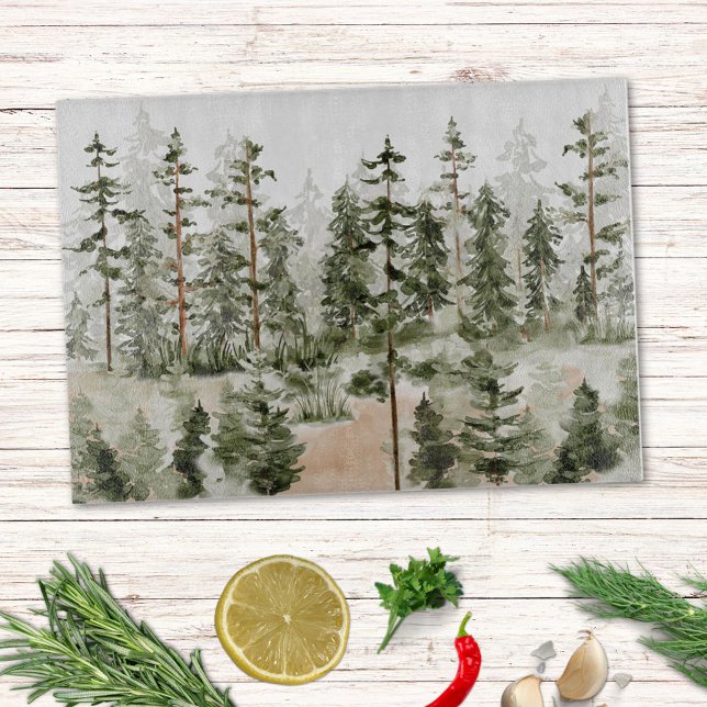 Watercolor Rustic Green Forest Cutting Board (In situ )