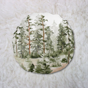 Watercolor Rustic Green Forest Round Cushion