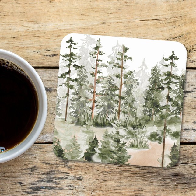 Watercolor Rustic Green Forest Square Paper Coaster (In situ)