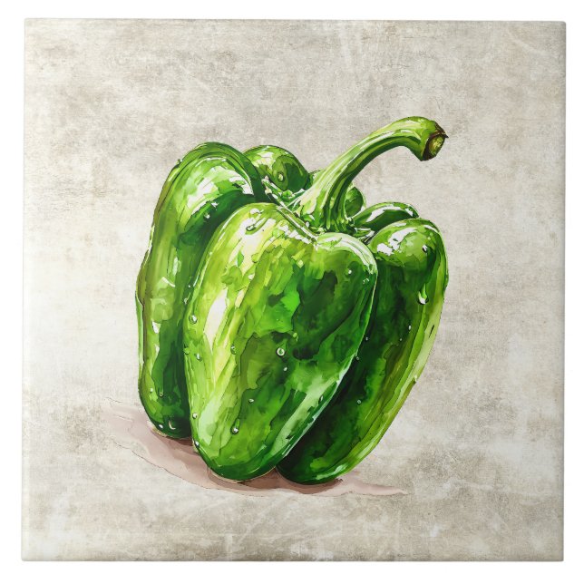 Watercolor Rustic Green Pepper Faux Texture  Ceramic Tile (Front)