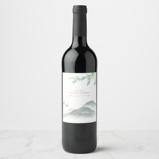 Watercolor Rustic Greenery Mountain Bridal Shower Wine Label (Front)