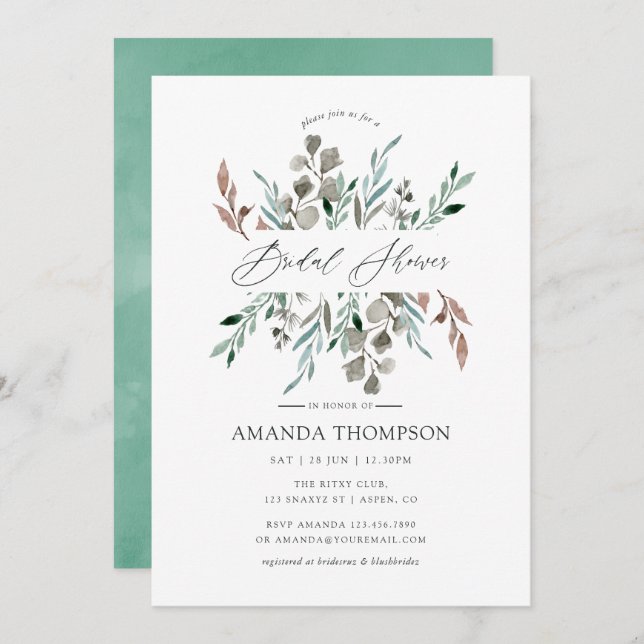 Watercolor Rustic Greenery Winter Bridal Shower Invitation (Front/Back)
