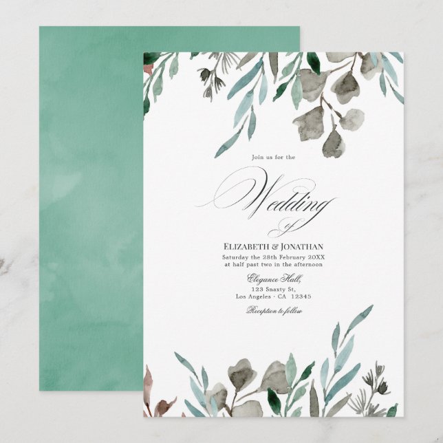 Watercolor Rustic Greenery Winter Wedding Invitation (Front/Back)
