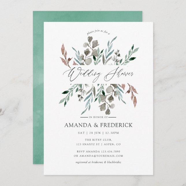 Watercolor Rustic Greenery Winter Wedding Shower Invitation (Front/Back)