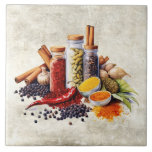 Watercolor Rustic Herbs Spices Faux Texture  Ceramic Tile<br><div class="desc">Rustic watercolor graphic design with herbs,  spices,  glass jars on a faux texture background. A vintage country look.  Perfect for your country French or cottage farmhouse kitchen.</div>