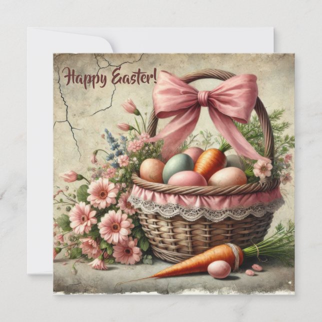 Watercolor rustic lace basket with pastel eggs holiday card (Front)