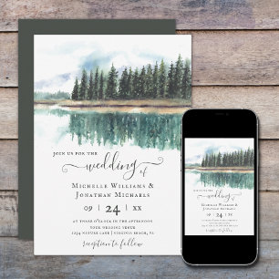 Watercolor Rustic Lake Mountain Lake Wedding Invitation