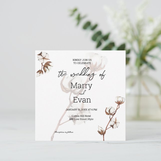 Watercolor rustic minimalistic cotton wedding invitation (Standing Front)