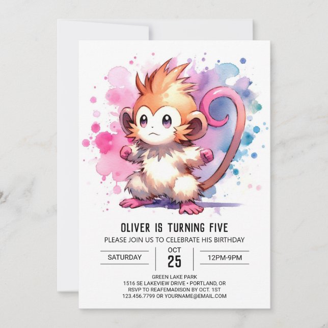 Watercolor Rustic Monkey Birthday Invitation (Front)