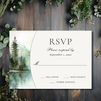 Watercolor Rustic Mountain Lake Forest Wedding RSVP Card