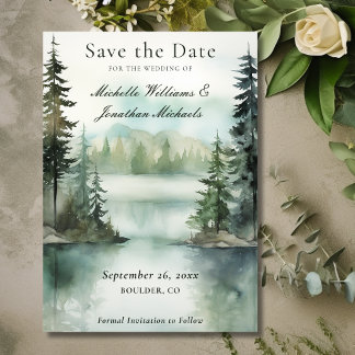 Watercolor Rustic Mountain Lake Forest Wedding Save The Date