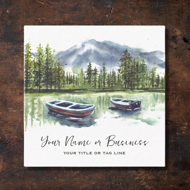 Watercolor Rustic Mountain Lake with Boats Square Business Card (Front - Watercolor Rustic Mountain Lake with Boats Square Business Card)