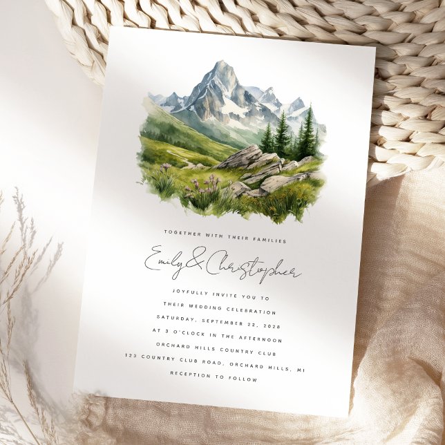 Watercolor Rustic Mountain Landscape Wedding Invitation (Creator Uploaded)