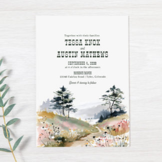 Watercolor Rustic Mountain Wedding Invitation
