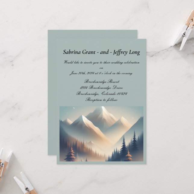 Watercolor Rustic Mountain Wedding Invitation (Front/Back In Situ)