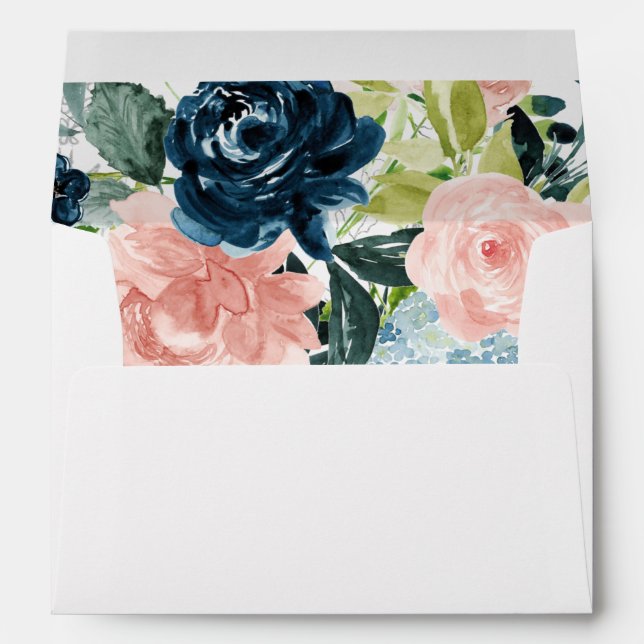  Watercolor Rustic Navy Blush Gold Floral Wedding Envelope (Back (Bottom))