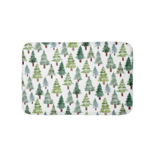 Watercolor Rustic Pine Forest Pattern Winter Bath Mat