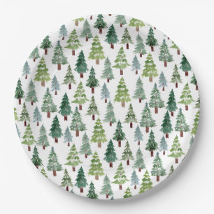 Watercolor Rustic Pine Tree Winter Forest  Paper Plate