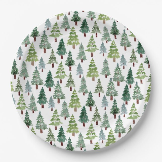  Watercolor Rustic Pine Tree Winter Forest  Paper Plate (Front)