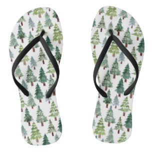 Watercolor Rustic Pine Tree Winter Forest   Thongs