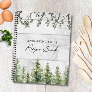 Watercolor Rustic Pine Trees Wood Cookbook Recipe Notebook