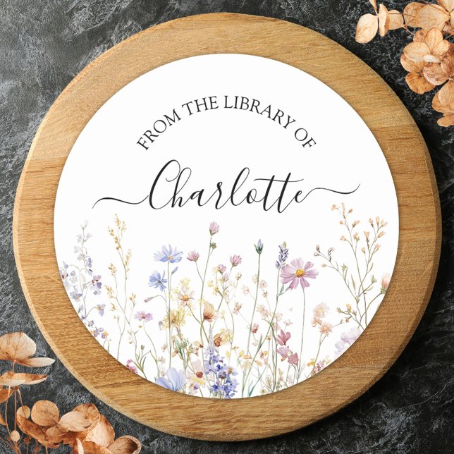 Watercolor Rustic Pretty Wildflower Bookplate Classic Round Sticker (Close up)