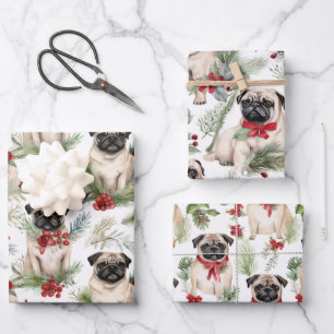 Watercolor rustic pug Christmas  Wrapping Paper Sheet