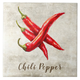 Watercolor Rustic Red Chilli Pepper Faux Texture Ceramic Tile