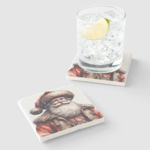 Watercolor Rustic Santa Claus Stone Coaster