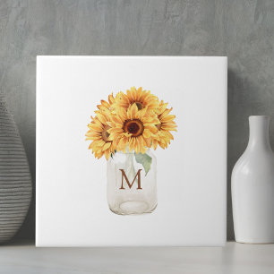 Watercolor Rustic Sunflower Bouquet in Mason Jar Ceramic Tile