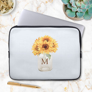 Watercolor Rustic Sunflower Bouquet in Mason Jar Laptop Sleeve