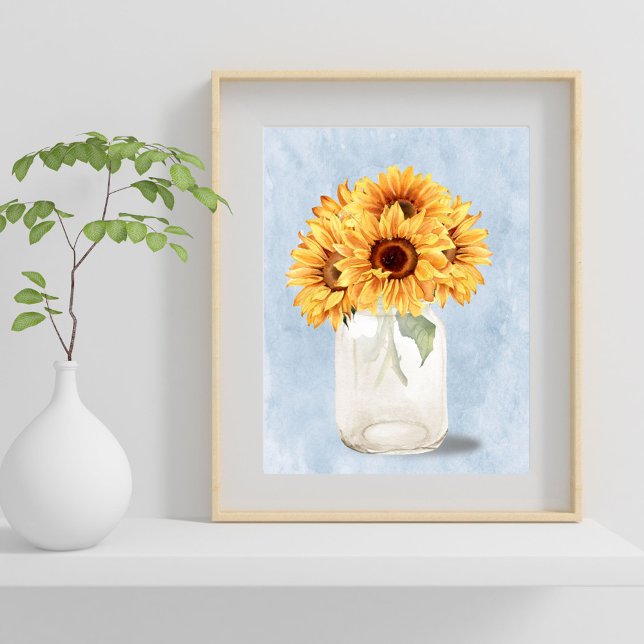 Watercolor Rustic Sunflower Bouquet in Mason Jar Poster (In situ)