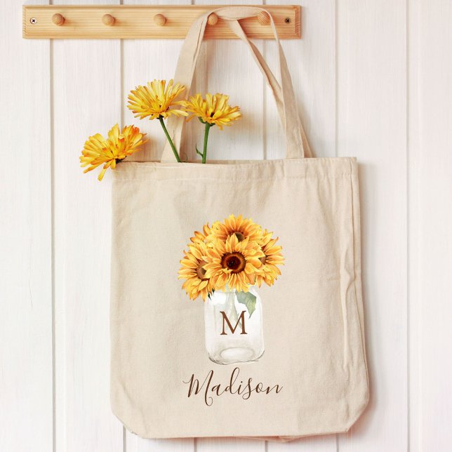 Watercolor Rustic Sunflower Bouquet in Mason Jar Tote Bag (In situ)