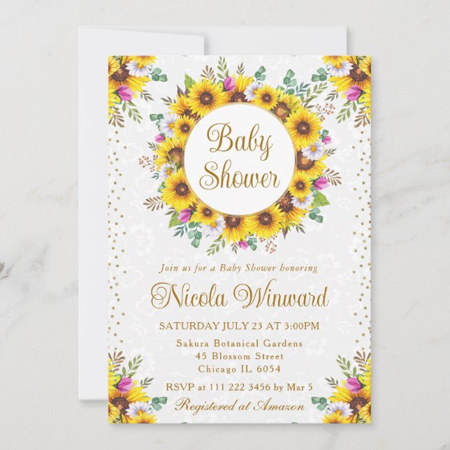 Watercolor Rustic Sunflowers Wreath Baby Shower Invitation (Front)