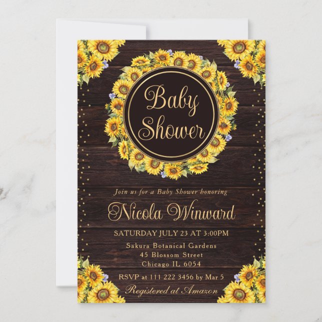 Watercolor Rustic Sunflowers Wreath Baby Shower Invitation (Front)
