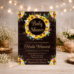 Watercolor Rustic Sunflowers Wreath Baby Shower Invitation