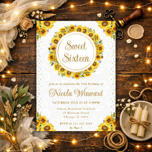 Watercolor Rustic Sunflowers Wreath Sweet 16 Invitation
