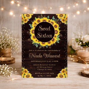 Watercolor Rustic Sunflowers Wreath Sweet 16 Invitation