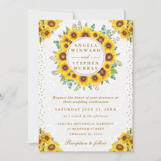 Watercolor Rustic Sunflowers Wreath Wedding Invitation (Front)