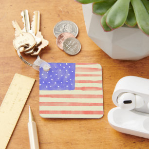 Watercolor rustic USA American flag Key Ring