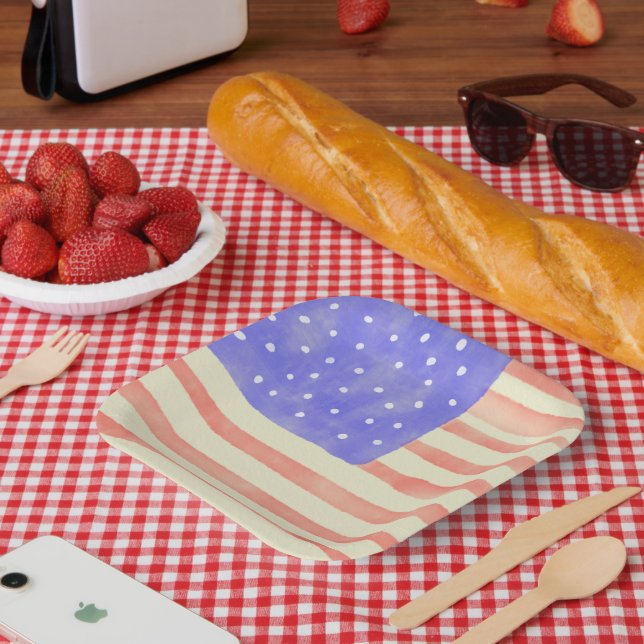 Watercolor rustic USA American flag Paper Plate (Picnic)